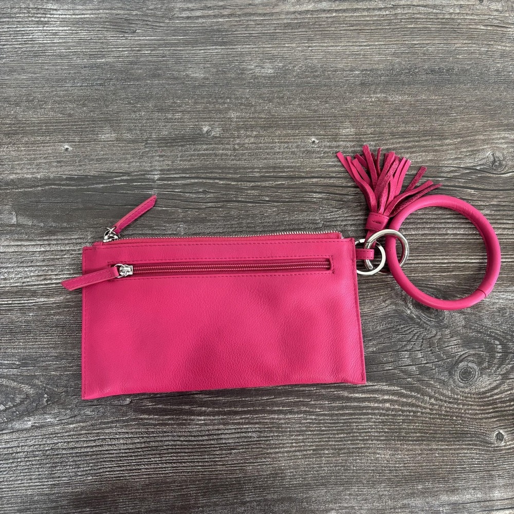 Clutch‎ Wristlet Bag Womens Small Pink Leather RFID Tassel Bracelet Zip Strap